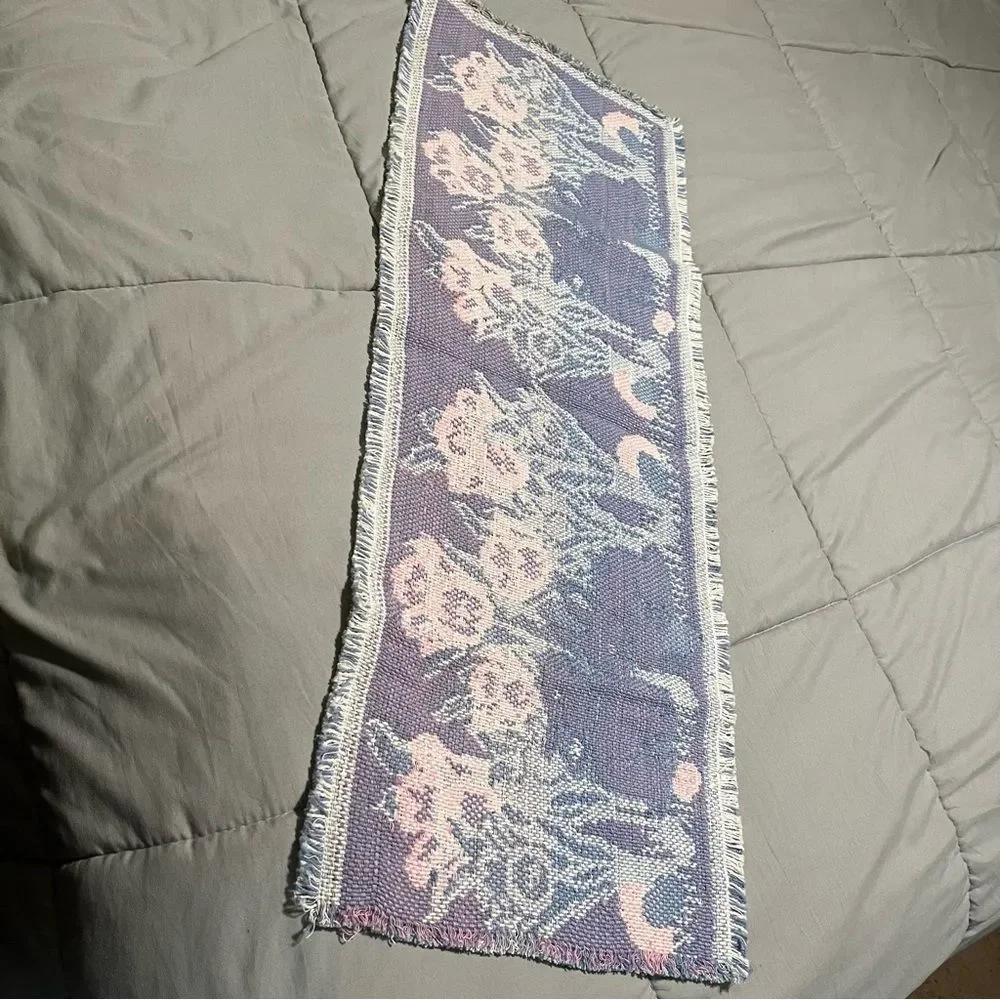 Bunnies and Tulips Tapestry Folk Art Spring Table Runner Easter Woven 34X13